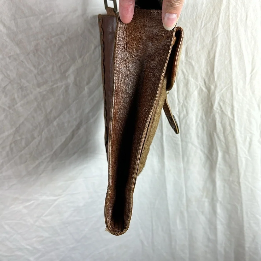 Vintage PRINCIPE Brown Leather COWHIDE PONY HAIR Satchel Crossbody Made in Italy